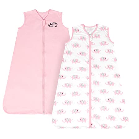 TILLYOU X-Large XL Breathable Cotton Baby Wearable Blanket with 2-Way Zipper, Super Soft Lightweight 2-Pack Sleeveless Sleep Bag Sack for Boys, Fits Infants Newborns Age 18-24 Months, Pink Elephant