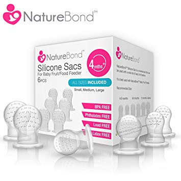 NatureBond Silicone Teat Sac (6 PCS) for Baby Food/Fruit Feeder | BPA Free, Lead Free, Latex Free & Phthalates Free & All Sizes Included