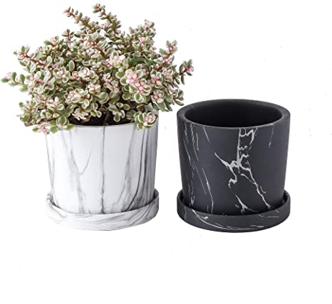 JODA 5.9 inch Planter Pots, Flower Pots with Saucer, Indoor Plant Pots with Drainage - Set of 2 (White & Black Marble Pattern)