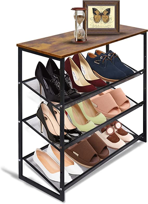 aboxoo 4-Tiers Shoes Rack Tilting Adjustable Freestanding Shoe Rack Large 9 Pairs 25.2 IN Storage Organization Brown Wood Metal For Entryways, Hallways, Closets, Dormitory Rooms, And Industries