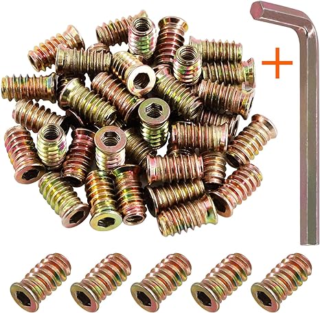 Rustark 50 pcs 1/4"-20× 20mm Carbon Steel Threaded Insert Nuts Zinc Plated Hex Socket Drive Screw-in Nut Bolt Fastener Connector for Wood Furniture