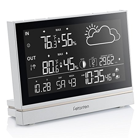 Fetanten Indoor Outdoor Thermometer, Weather Station Wireless with Temperature and Humidity Monitor, Hygrometer, Barometer, Alarm Clock, Outdoor clock with Moonpahse/Forecast/7.5" Large LCD display