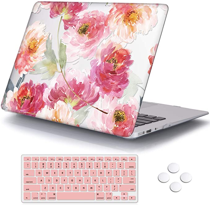 MacBook Air 13 inch Case, DQQH Rubber Coated Ultra Thin Protective Hard Shell Cover Keyboard Cover for Older Version MacBook Air 13 inch Model A1369/A1466 Before 2018-Clear Watercolor Flowers