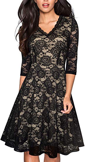 HOMEYEE Women's Chic V-Neck Lace Patchwork Flare Party Dress A062