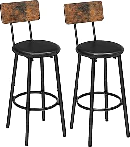 HOOBRO Bar Stools, Set of 2 Bar Stools with PU Upholstered, Bar Chairs with Footrest and Back, 26" Bar Stools for Kitchen Island, Dining Room, Easy to Assemble, Rustic Brown and Black BF31BY01G1