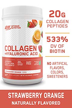 Collagen Peptides Powder By Optimum Nutrition, 20g Hydrolyzed Collagen with Hyaluronic Acid & Vitamin c, strawberry Orange, 28 Servings, Supports Healthy Skin, Hair & Joints