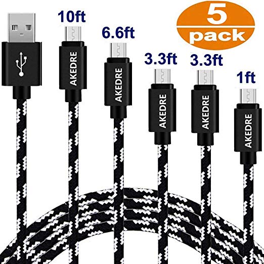 Micro USB Cable, 5Pack [10FT 6FT 3FT 3FT 1FT] Super-Durable Nylon-Braided Android Charging Cord for Samsung Galaxy S7 Edge/S7/S6/S4/S3, Note /4/3