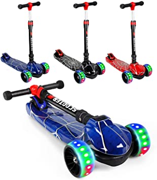 SISIGAD Scooter for Kids, Toddler Scooter with 3 Wheel Scooter for Boy and Girls, Foldable Scooter with Flashing Wheels Height Adjustable Safety Brake for Kids Ages 3-10 (Spider Web)