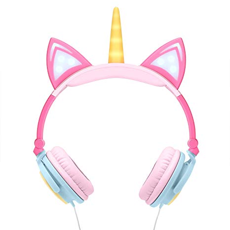 Nenos Kids Headphones Children's Headphones Over Ear Headphones Unicorn Headphones Cat Ear Headphones Flashing Lights Pink