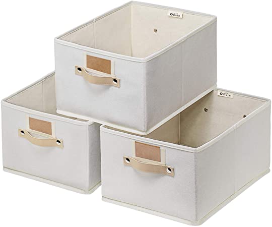 OLLVIA Large Storage Bins Baskets for Shelves 3 pack - 15.7x11.8x8.3” Foldable Storage Basket with Handle, Decorative Storage Boxes for Closet, Rectangle Closet Baskets, Organizing Nursery for Home
