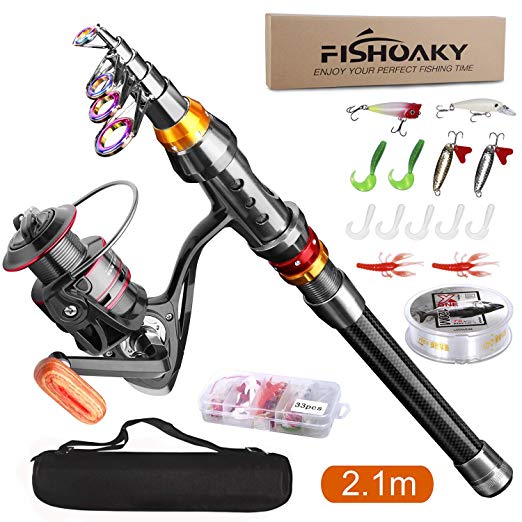 FishOaky Fishing Rod Set, Carbon Fiber Telescopic Spinning Fishing Pole and Reel Combo Fishing Gear with Line Lures Tackle Hooks Reel Carrier Bag for Travel Saltwater & Freshwater Kids & Adults
