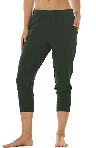 icyzone Lightweight Joggers Pants for Women - Athletic Workout Outdoor Lounge Woven Capri Pants with Pockets