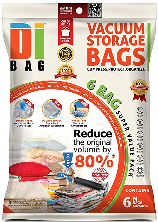 DIBAG 6 Space Saver Vacuum Storage Bags - Premium Travel Space Bags - Bag Size: 60 x 40cm - Double Sealed Compression Plastic Bags For Clothing Storage, Bedding & Packing