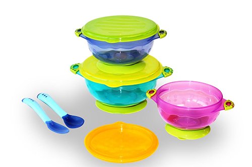 Spill Proof and Stay Put Suction Baby Bowl Set of 3 Sizes and Colors with Lids and 2 Temperature-Sensitive Spoons Which are Perfect for Both Babies and Toddlers and Are Stackable and Easy to Store BPA Free and FDA Approved
