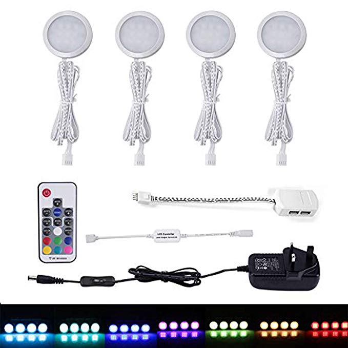 AIBOO RGB Colour Changing LED Under Cabinet Lighting kit,Ultra Slim LED Puck Lights,Counter Wardrobe Cupboard Lights for Christmas Xmas Ambiance Decoration(4 Pack)