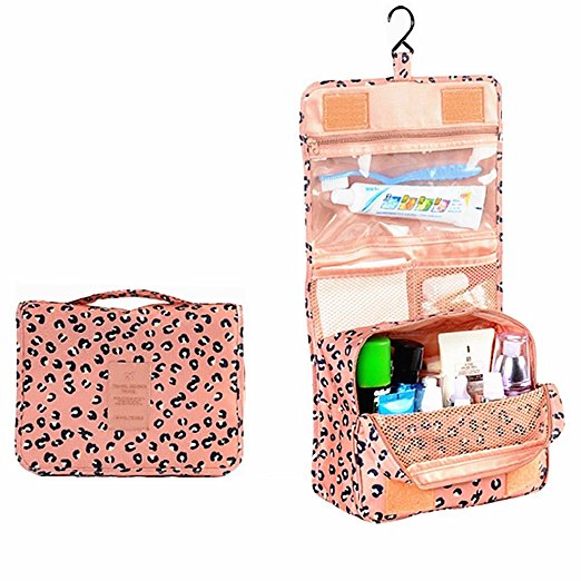Portable Waterproof Travel Makeup Bag - Lady Color Foldable Organizer Travel Cosmetic Toiletry Bathroom Beach Bag for Women / Men, Shaving Kit with Hanging Hook for vacation (Leopard)