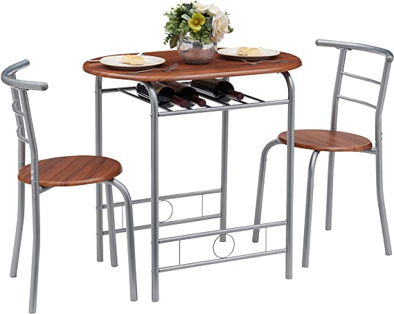 VECELO 3 Piece Wood Round Table & Chair Set for Dining Room Kitchen Bar Breakfast, with Wine Storage Rack, Space Saving, Large, Teak/Sliver