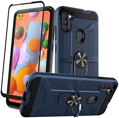 Hotuer for Galaxy A11 Case, Tempered Glass Screen Protector Rotatable Ring Kickstand Hard Armor Car Magnetic Mount Protective Case for Samsung Galaxy A11 - Navy Blue