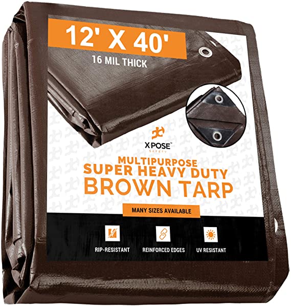 12' x 40' Super Heavy Duty 16 Mil Brown Poly Tarp Cover - Thick Waterproof, UV Resistant, Rot, Rip and Tear Proof Tarpaulin with Grommets and Reinforced Edges - by Xpose Safety