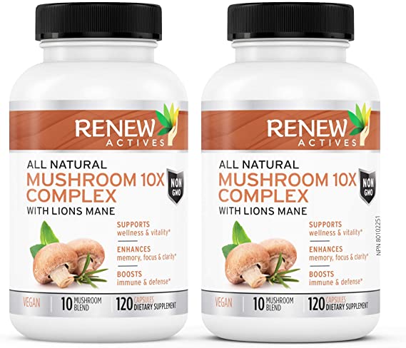 Renew Actives Mushroom Complex Supplement: Premium Mushroom 10X Complex with Reishi, Lions Mane, Cordyceps, Chaga, Turkey Tail, and Maitake for Energy, Immune, and Brain Support - 120 Veggie Capsules (2 Packs)