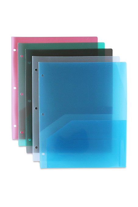 STEMSFX Clear Heavy Duty Plastic 2 Pocket Folder Hole Punched (Pack of 12 Assorted Colors) For Letter Size Papers, Includes Business Card Slot