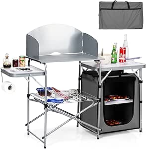 Giantex Folding Grill Table with 26'' Tabletop and Detachable Windscreen, Aluminum Portable Camp Cook Station Carry Bag Quick Set-up, BBQ Camping Picnic Backyard Outdoor Camping Kitchen Table (Grey)