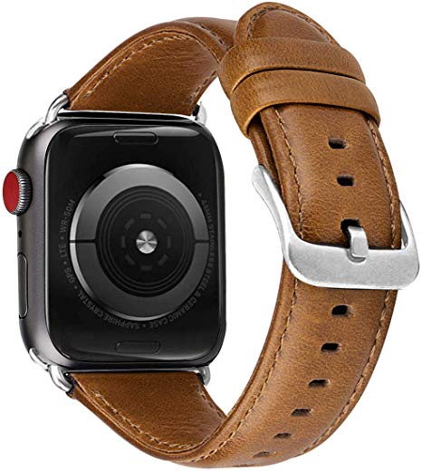 MroTech Leather Band Compatible with Apple Watch Band 44mm 42mm Men Women Genuine Leather Strap Vintage Bands Replacement for iWatch Series 5 4 3 2 1 Brown Bracelet Silver Clasp 42/44 mm