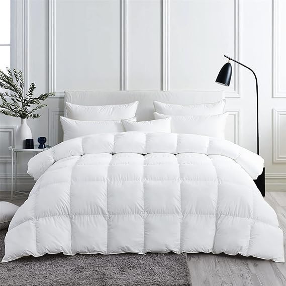 Luxurious White Solid Medium Weight, California King Size Goose Feathers Down Comforter for All-Season Weather Duvet Insert, Premium Baffle Box, 100% Egyptian Cotton Cover, 70 oz. Fill Weight