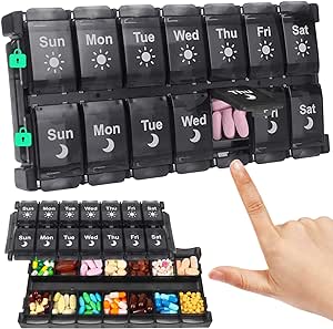 Shintop Weekly Pill Box 2 Times a Day, Easy Fill Medicine Pill Organizer Push Button Pill Case Morning Night Vitamin Organizer for Fish Oil Supplements （Black）