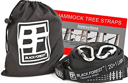 Professional Hammock Straps For Tree By Black Forest – Heavy Duty,Lightweight And Adjustable 40 2 Loops – 2200 Lbs Strength – No Stretch Suspension System – 2 Free Carabiners- For Camping- Free E-Book