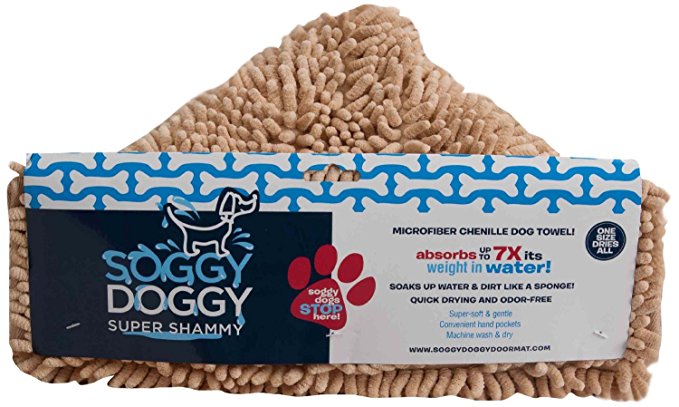 Soggy Doggy Super Shammy Beige One Size 31-inch x 14-inch Microfiber Chenille Dog Towel with Hand Pockets