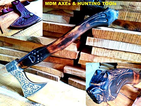MDM Spcial Custom Hand Engraved TOMAWAHK VINIKING Combat Axe Blade Camping Tool Spcial Grain Walnut Wood Handle with Hand Engraved Work ON Handle (Lion FACE Engraved) …