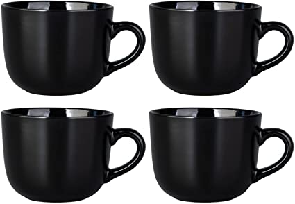 AmorArc Jumbo Coffee Mugs Set of 4, Large Ceramic Soup Mugs with Handles, 24 oz Large bowls for Soup, Cereal ,Salad ,Snacks. Matt Black Outside, Bright Black inside.