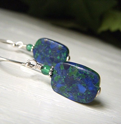 Azurite Malachite Earrings - Sterling Silver Drop - Rectangle Shape Genuine Gemstone - Natural Stone Jewelry - Blue and Green Dangle Earrings
