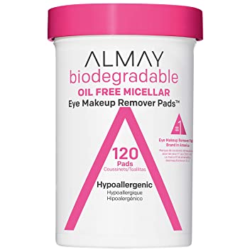 Almay Biodegradable Oil Free Micellar Eye Makeup Remover Pads, Hypoallergenic, Cruelty Free, Fragrance Free Cleansing Wipes, 120 count