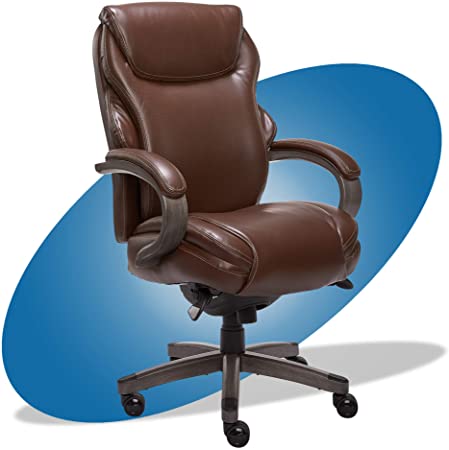 La Z Boy Hyland Executive Office Chair with AIR Technology, Adjustable High Back Ergonomic Lumbar Support, Bonded Leather, Brown and Weathered Gray Wood Finish