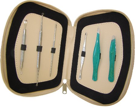 Blackhead Remover and Tweezer Kit -4 Esthetician Quality Blemish Extractors -2 Unique Tweezers Surgical Grade Tools by TCE Professional - Cure Comedones Blackheads Acne Pimples Zits Ingrown Hair