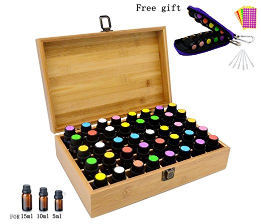 Aromatherapy Essential Oil Wooden Bamboo Storage Box Holds 40 Bottles 5-10-15ML, Fit for Young Living, Pure Body Naturals, doTERRA and others, with Key Chain, Amber Vials, Cap labels, Droppers