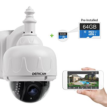 Dericam S1 64GB HD 720P Wireless Outdoor Security Camera, WIFI PTZ Speed Dome IP Camera, 4x Optical Zoom, IP65-rate Weatherproof, 65ft Night Vision, Built-in 64 GB Micro SD Memory Card
