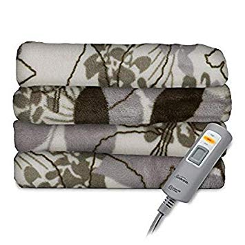 Sunbeam Premium-Soft Velvet Plush Electric Heated Throw Blanket, Machine Washable Dryer Safe, Steel Grey (Green Floral)
