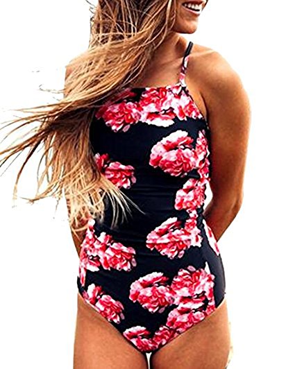 Pxmoda Women One Piece Leaf Print Swimsuit Back Bandage Padded Bikini Monokini Swimwear