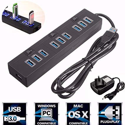 M.Way 10 Port USB 3.0 Hub High-Speed Data Transfer Ports Splitter AC Power Adapter with On/Off Switches and LEDs 1.3ft USB Data Cable For Macbook Pro Laptop, iPhone, iPad, Samsung and More black