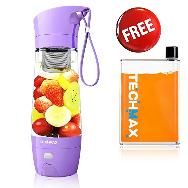 TECHMAX USB Juicer Cup Blender, Fruit Mixing Machine, Portable Personal Size Rechargeable Mixer, 3800mAh, 400ml, USB Charger with 5A Kettle, Outdoor Active -Purple