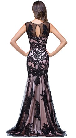 Babyonlinedress Scoop Neck Mermaid Black Lace Applique Evening Prom Dress