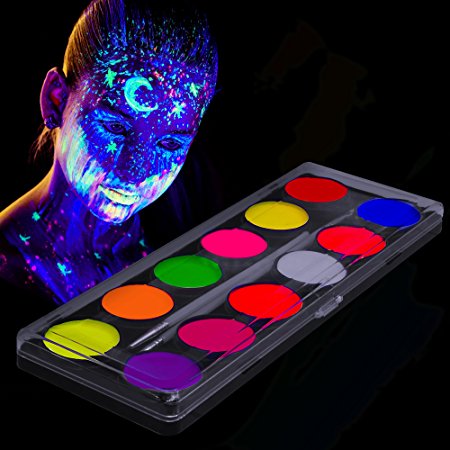 Glow in the Dark Paint – UV Fluorescent Face, Body & Fabric Paint – 12 x 10ml Professional Best Quality Paints - Glow in the Dark Blacklight Reactive Costume Makeup Party Supplies - FREE STENCILS