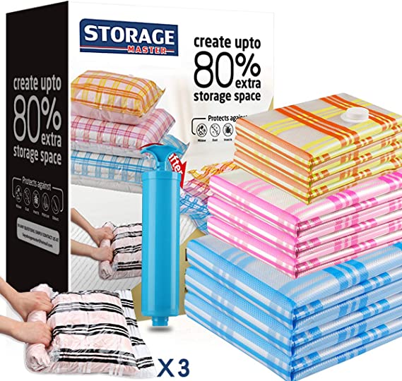 Storage Master Space Saver Bags for Travel and Home Reusable Vacuum Storage Bags Save 80% More Storage Space Work with Vacuum Cleaner + Travel Hand Pump (3 Medium+3Large +3Jumbo+3Rollup Bags)