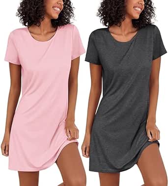 Ekouaer Nachthemd Damen Zweiteiliger Sleepshirt Kurzarm Nachtwäsche Schlafhemd Leicht Schlafshirt, 2er Pack, S-XXL