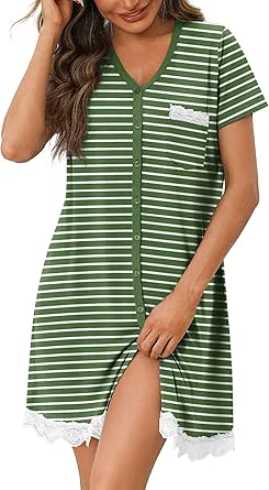 Ekouaer Nightgowns for Women Button Down Nightgown Striped Dress Short Sleeve Sleepwear S-3XL