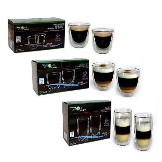 FilterLogic Thermoshield Double Walled Mixed Coffee Glass Gift Set - Cappuccino, Espresso & Latte Glasses - Ideal for Gift