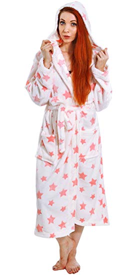 Women's Fleece Robe Long Plush Hooded Bathrobe with Pockets